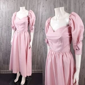 80s Pink Midi Maxi Dress Barbie Princess Rose Puff Sleeve Prom Cocktail Vintage